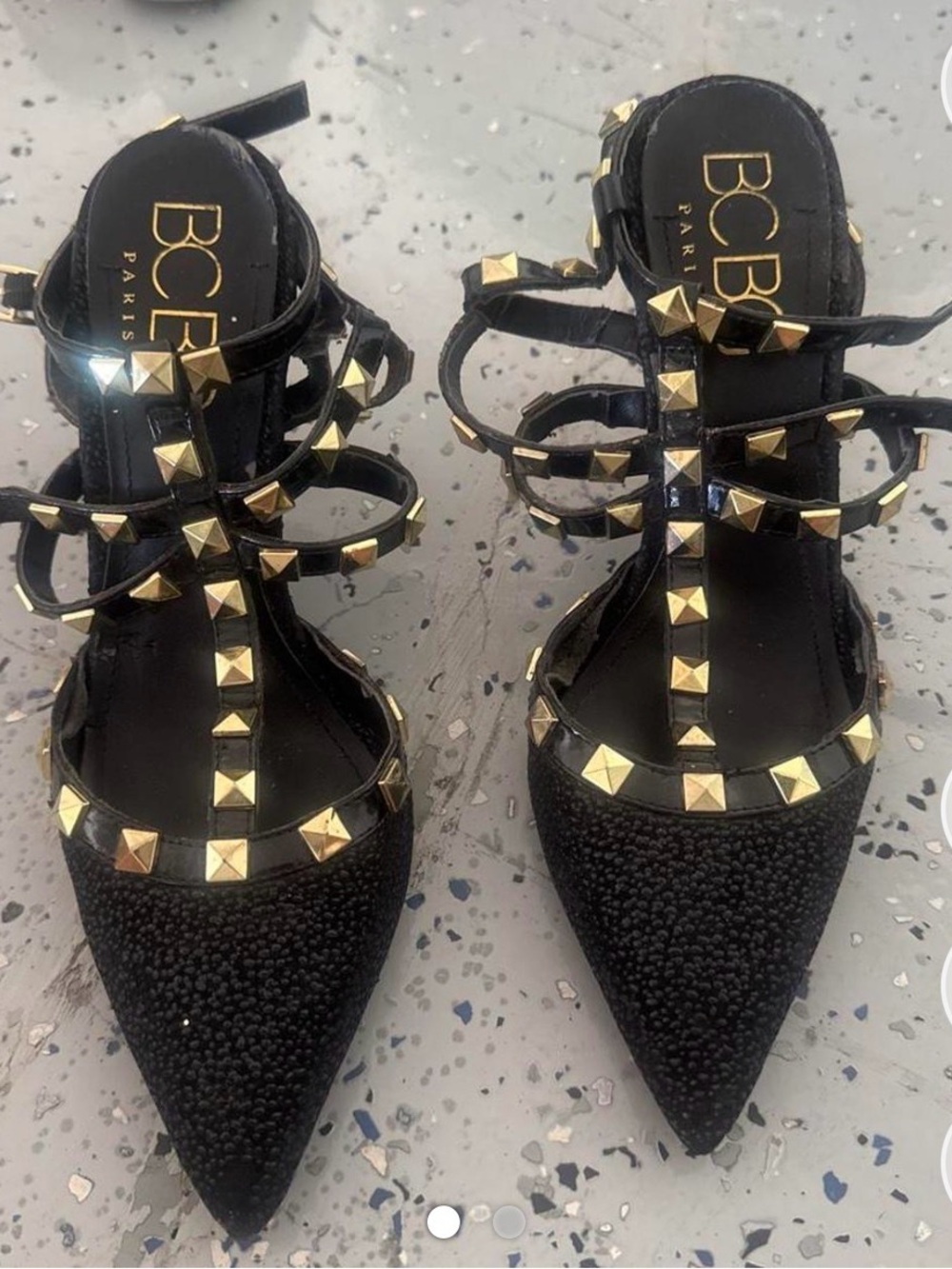 BCBG Black Pointed-Toe Strappy Pumps with Gold Studs
